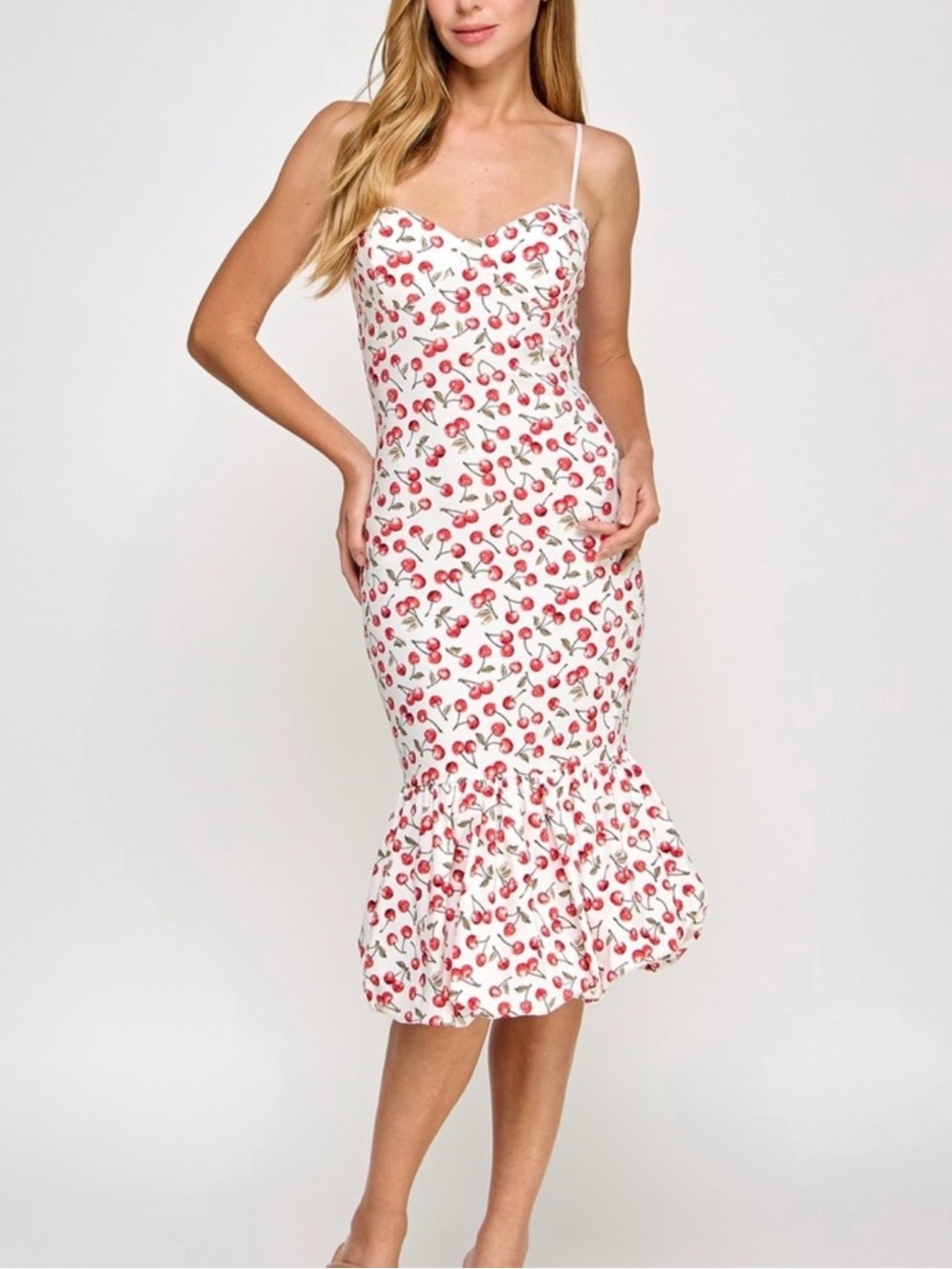 Katia Rae - White Cherry-Print Spaghetti Strap Mermaid Dress Size S